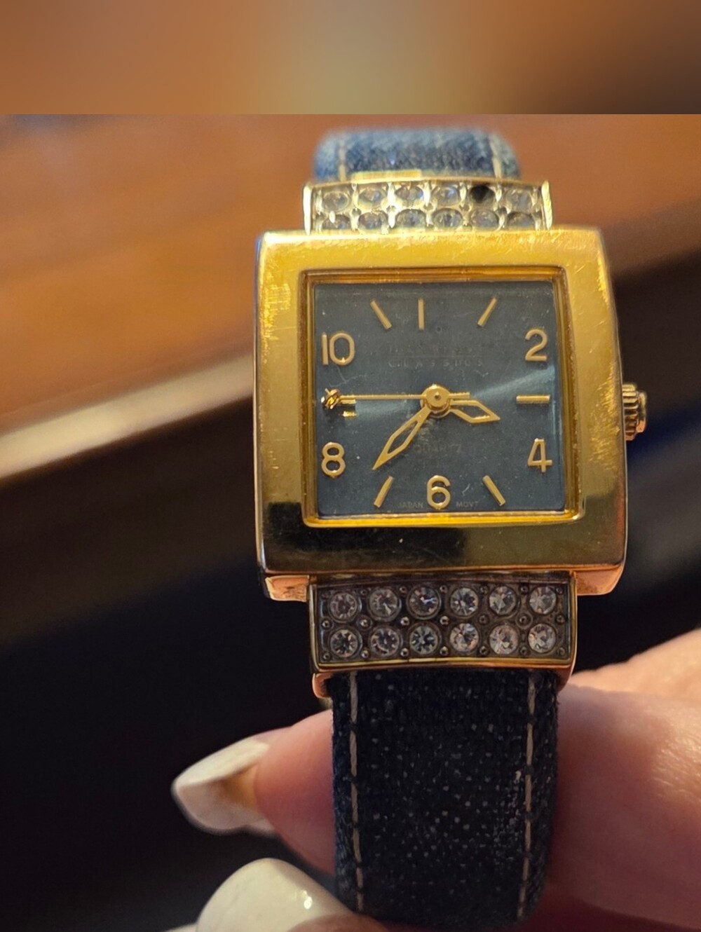Joan Rivers Classics V377 Watch Square Gold Tone Denim Strap Rhinestone Accent